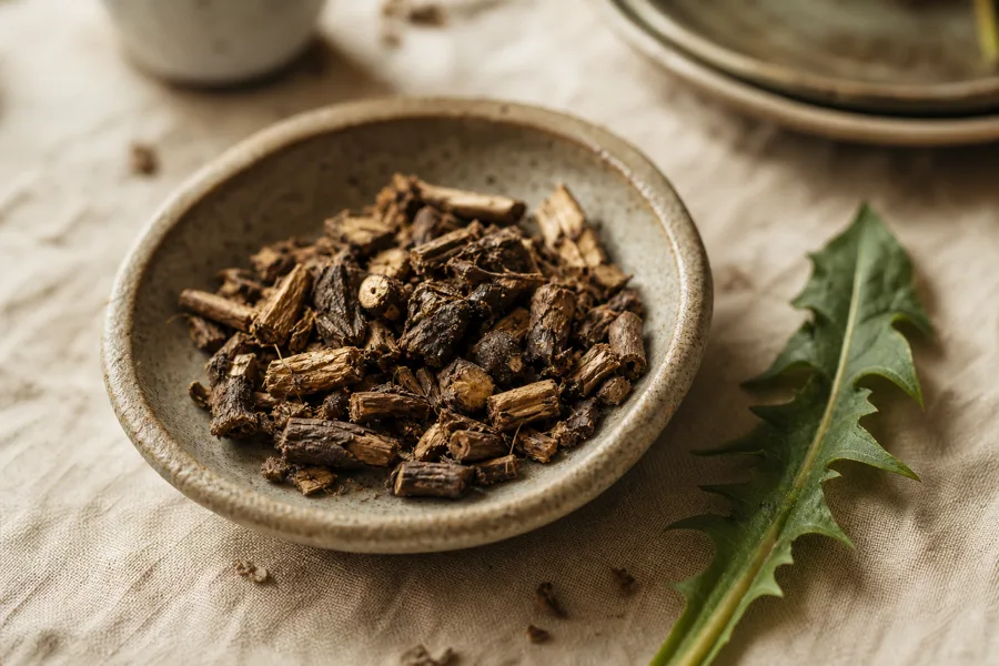 Dandelion root pieces on a wooden board