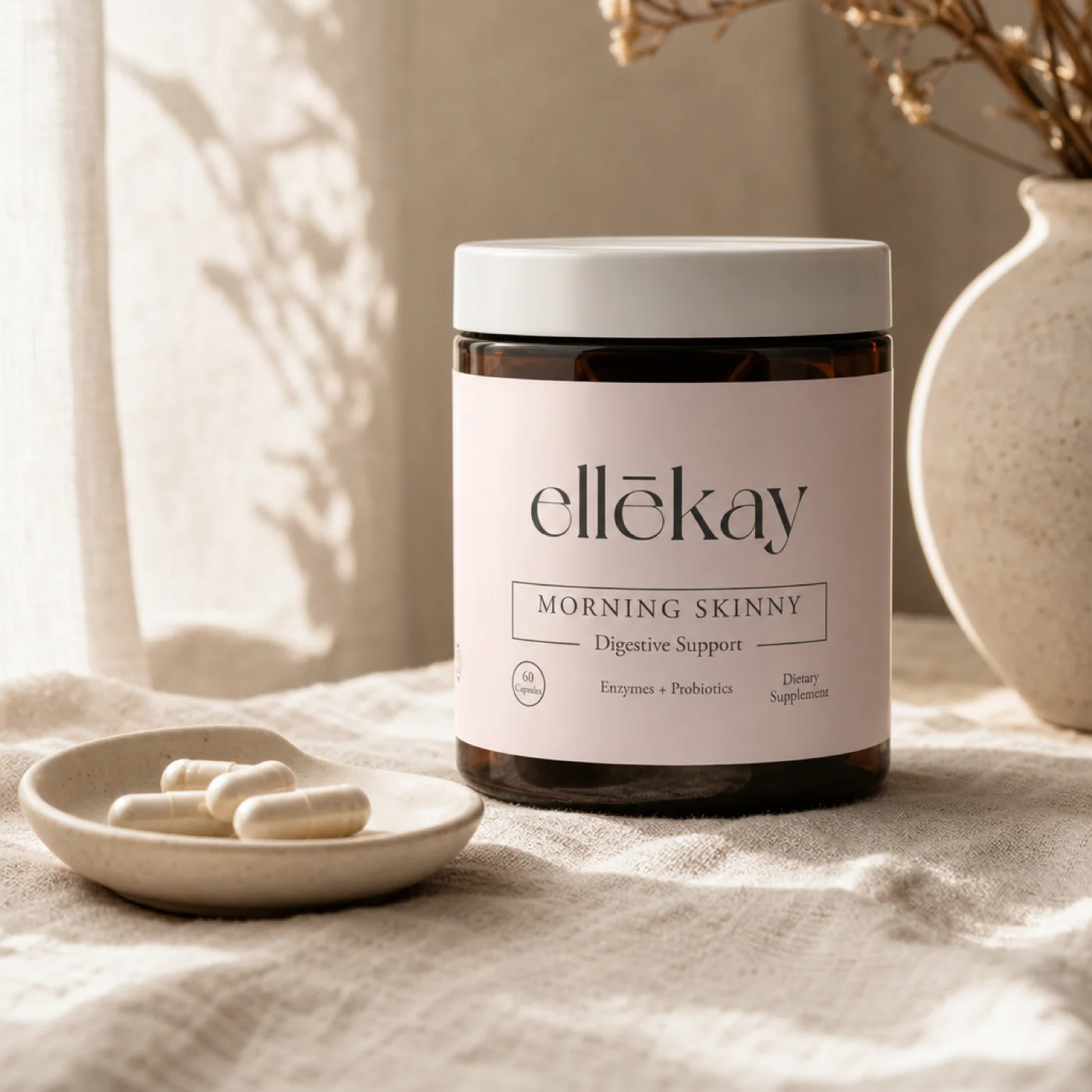 Morning Skinny jar with two capsules on linen