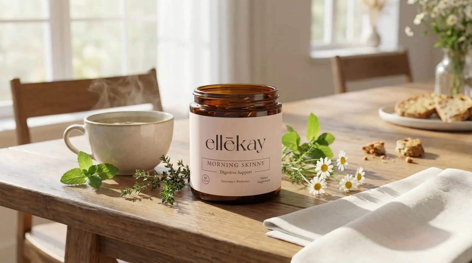 Open ellēkay Morning Skinny jar on a sunlit breakfast table with tea and chamomile flowers