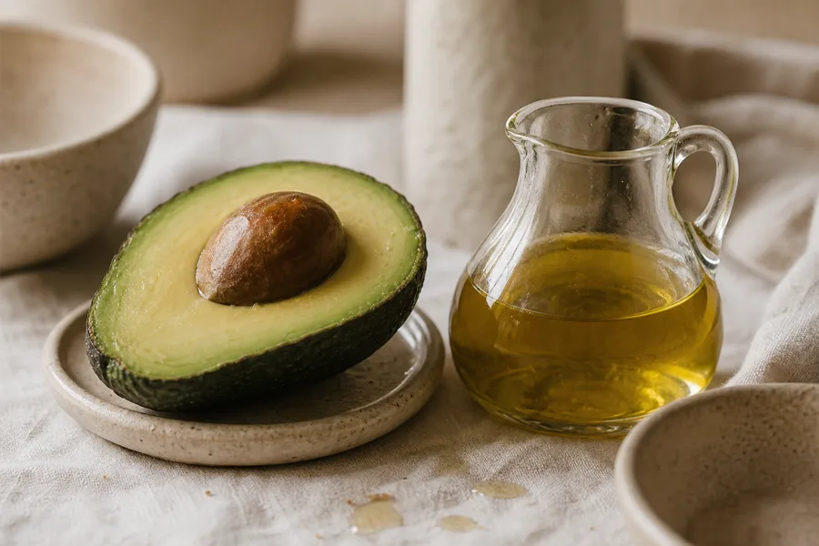 Halved avocado and a small bottle of oil