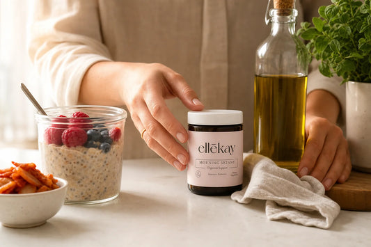 Ellekay Morning Skinny product beside a morning wellness spread supporting the 30-day gut reset protocol