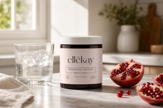 Ellekay Morning Skinny supplement jar on a marble kitchen counter for women exploring akkermansia faq and probiotic gut health