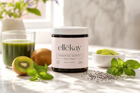 Best vegan digestive enzymes Morning Skinny bottle displayed on a bright marble kitchen counter with fresh plant-based foods and morning light