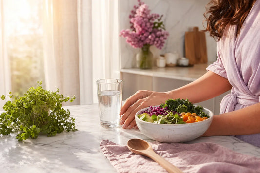 Bright morning kitchen scene with a glass of water, fresh greens, and natural light representing cellulase and hemicellulase digestive enzyme support for plant fiber breakdown