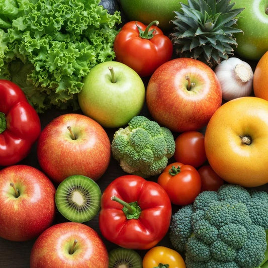 Colorful assortment of fresh fruits and vegetables representing gut health and Akkermansia muciniphila benefits