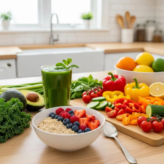 Colorful fruits and vegetables in a bright kitchen, symbolizing a healthy gut reset