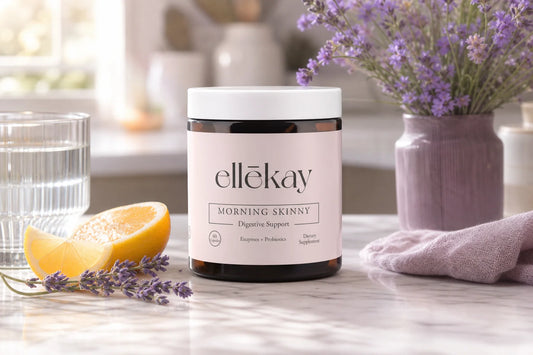 Ellekay Morning Skinny supplement bottle on a marble kitchen counter in morning light, illustrating the gut health and allergies connection