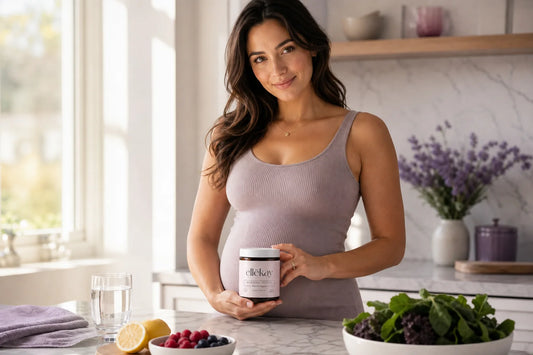 Pregnant woman supporting gut health during pregnancy with Ellekay Morning Skinny supplement on a bright morning kitchen counter