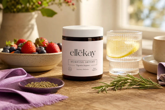 Ellekay Morning Skinny bottle on a festive holiday breakfast table supporting holiday eating and digestion