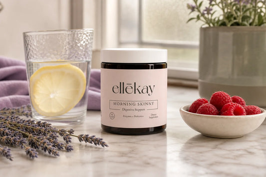 Ellekay Morning Skinny supplement on a marble vanity illustrating how gut health affects hormones through daily wellness support