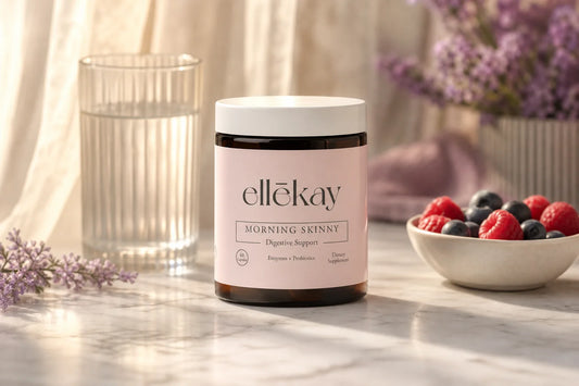 Intermittent fasting and gut health morning routine featuring Ellekay Morning Skinny supplement on a bright kitchen counter