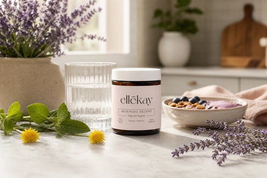 Morning Skinny supplement bottle on a kitchen counter representing the morning skinny vs arrae bloat comparison for daily bloating support