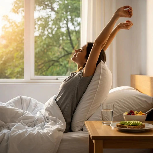 Morning wellness scene with a person stretching in bed, emphasizing comfort and digestive health