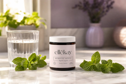 Peppermint and digestion wellness supplement with fresh peppermint sprigs on a bright morning kitchen counter