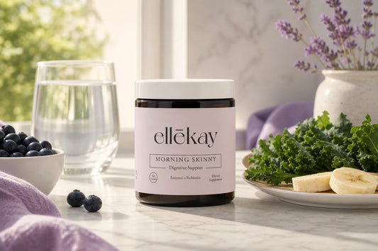 Morning Skinny supplement on a marble kitchen counter with fresh fruits and greens representing the future of gut health