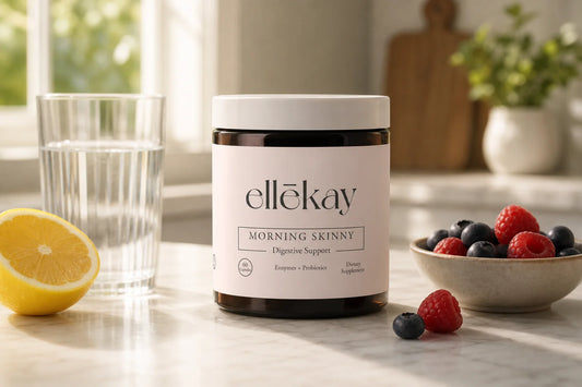 Morning Skinny supplement jar on a kitchen counter with water and fresh fruit, supporting the vagus nerve and digestion morning routine