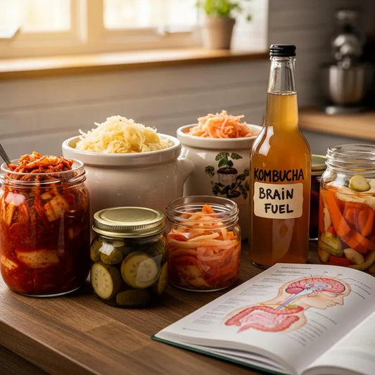 Variety of fermented foods promoting gut microbiome health and brain function