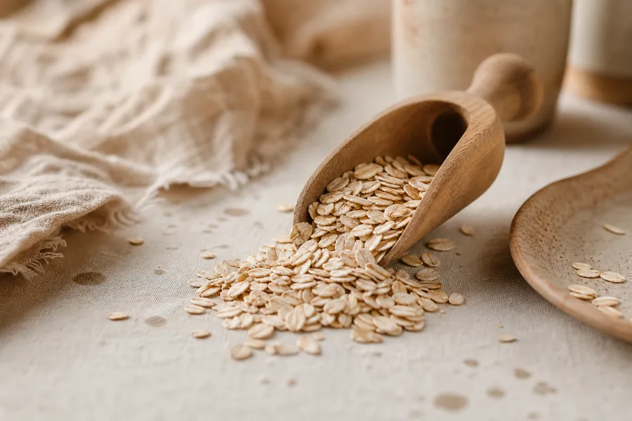 Rolled oats with a wooden scoop, the starchy foods alpha-amylase helps break down
