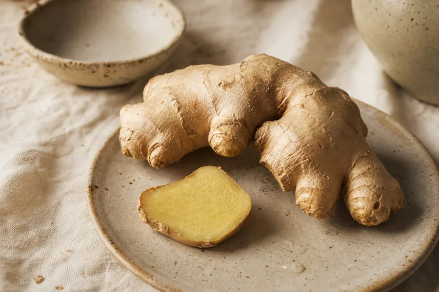 Whole fresh ginger root with a sliced piece showing the interior, the source of ginger root extract