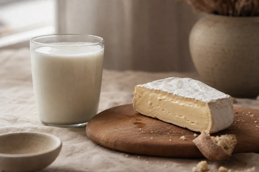 A glass of milk with soft cheese on a board, the dairy foods lactase helps digest