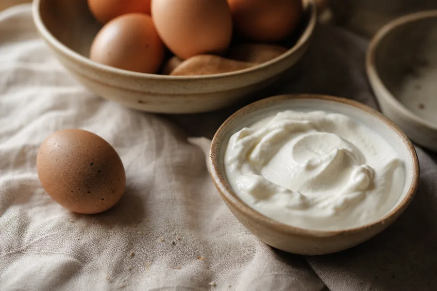 Brown eggs and a small bowl of Greek yogurt, the proteins neutral protease helps digest