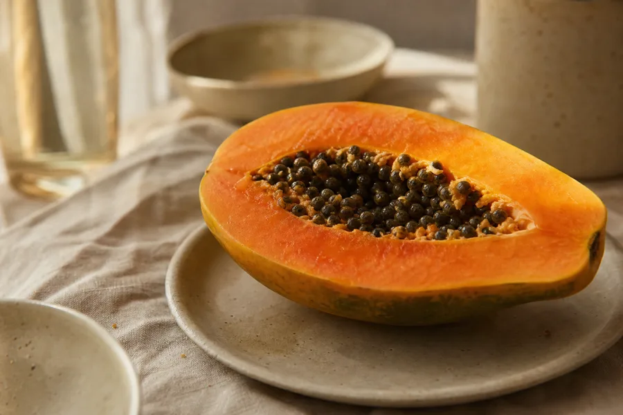 Halved papaya with glistening seeds, the fruit source of the enzyme papain