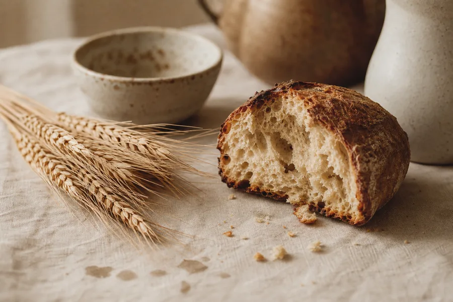 Wheat stalks beside a torn piece of rustic sourdough, the grain fiber xylanase helps digest